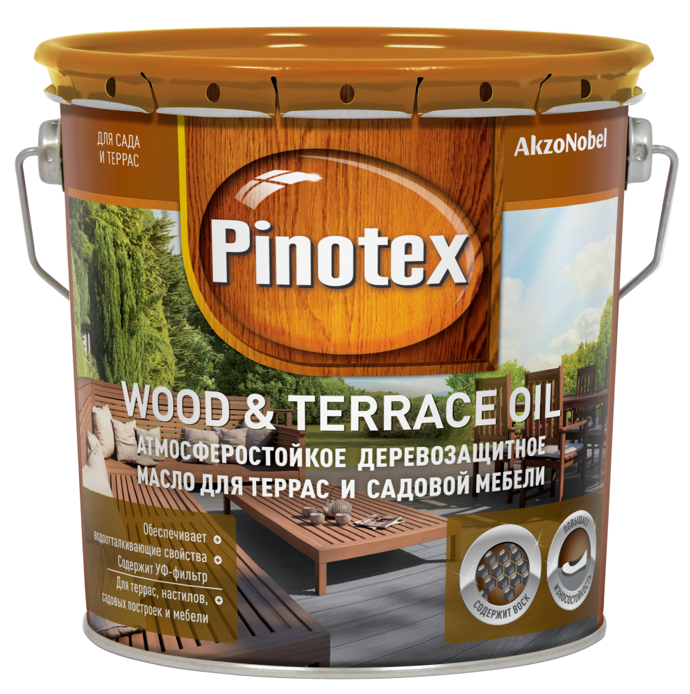 Pinotex Wood&Terrace Oil купить в Воронеже по цене от 1090.00 руб.  Пинотекс Вуд колеруемое деревозащитное масло для террас и садовой мебели. в  интернет-магазине красок КраскиНаДом.